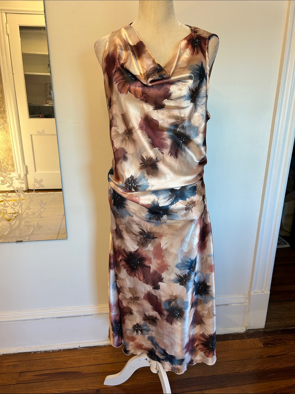 bebe Floral Satin Maxi Dress in Mauve, Navy, Beige